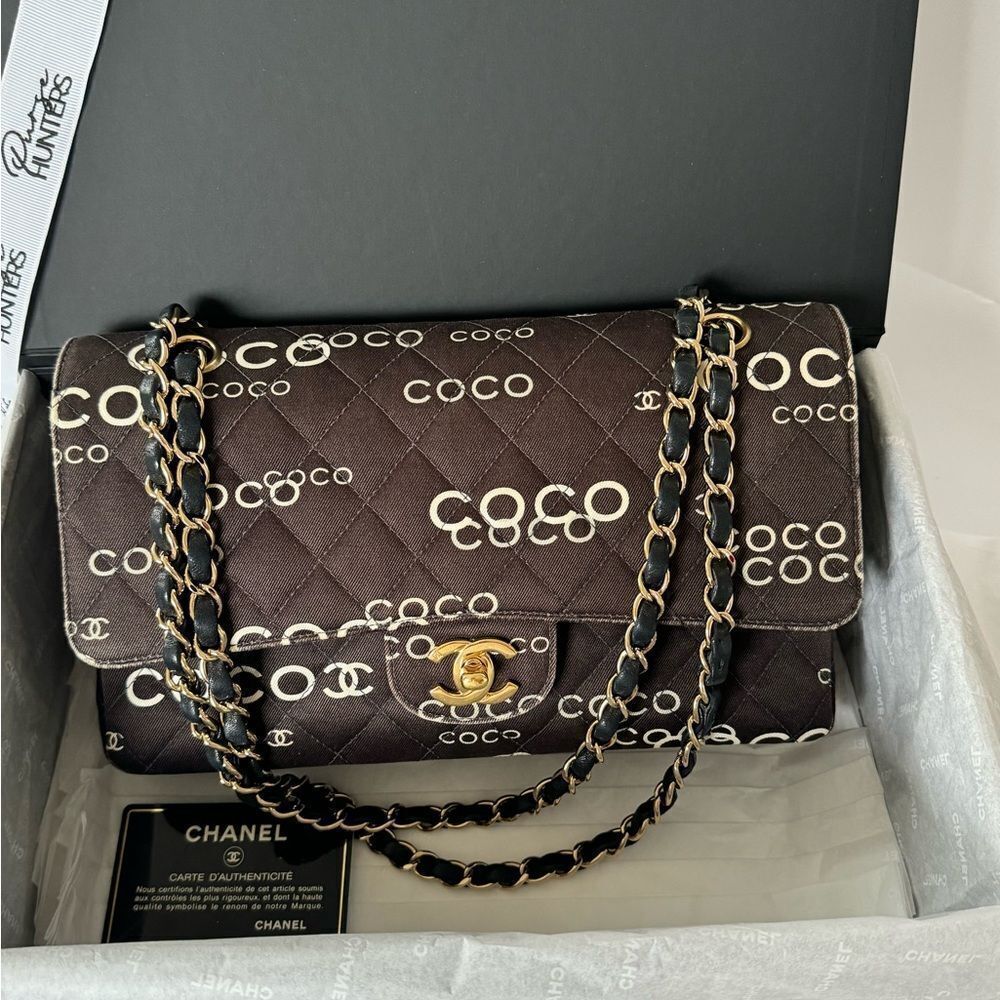 Chanel Canvas Coco Print Quilted Medium Classic Flap Double Flap Black White